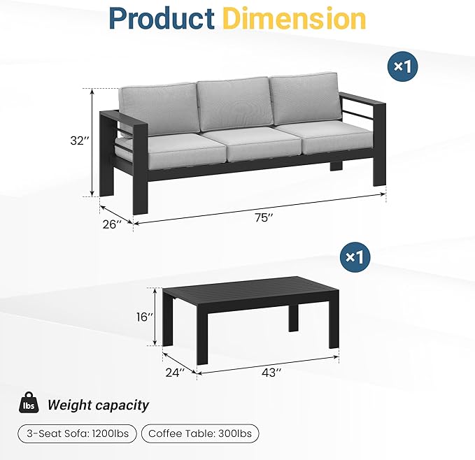 Wisteria Lane Metal Patio Furniture Set for All Weather, Oversized Heavy Duty Outdoor Furniture Set with Upgraded Cushion, Modern Outdoor Patio Couch Set for Garden, Balcony, Backyard, Light Grey
