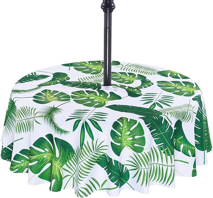 Poise3EHome Round Outdoor Tablecloth with Umbrella Hole and Zipper,Palm Leaf 70 Inch,Polyester SpillProof Washable Table Cloth for Spring Summer Patio Garden Poolside Picnic Camping BBQS