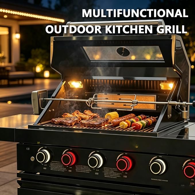 Outdoor Kitchen Island Grill, 6-Burner Gas Grill with Refrigerator, Sink & Food Prep Countertop, Heavy Duty Stainless Steel Modular Outdoor Kitchen for Backyard, Patio