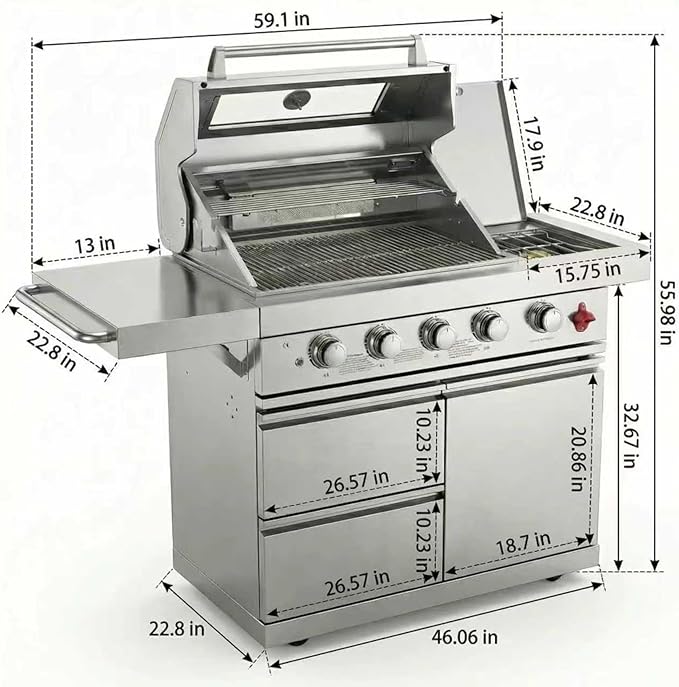 46" Outdoor Kitchen Island with Side Burner, 4-Burner 75,300 BTU Propane Gas BBQ Island with Rotisserie, Side Prep Shelf, Storage Drawers, LP/NG Convertible, for Backyard and Patio Cooking, Silver