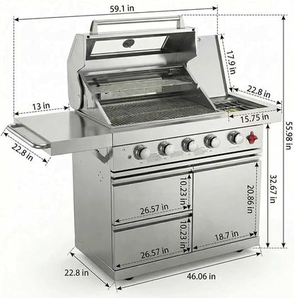 46" Outdoor Kitchen Island with Side Burner, 4-Burner 75,300 BTU Propane Gas BBQ Island with Rotisserie, Side Prep Shelf, Storage Drawers, LP/NG Convertible, for Backyard and Patio Cooking, Silver