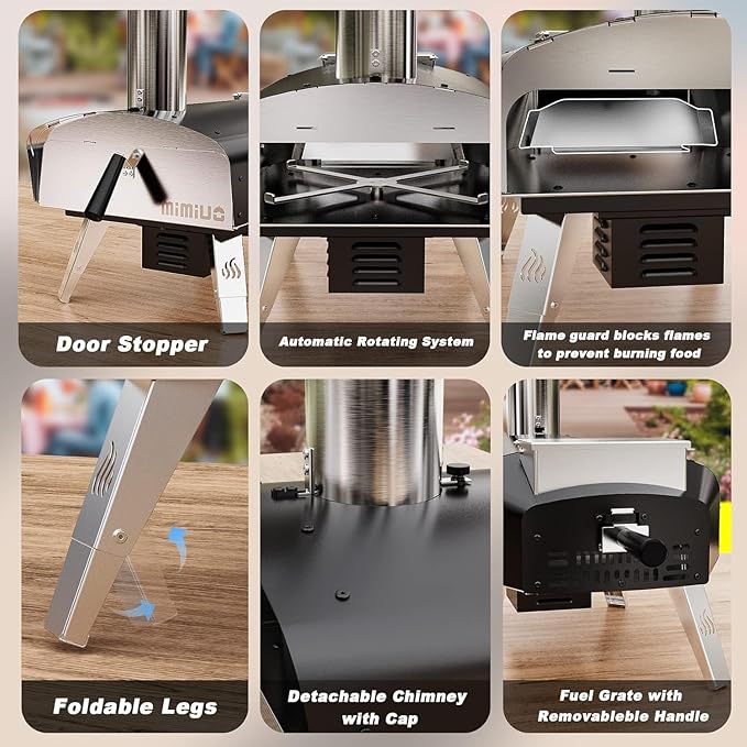 Mimiuo Auto-Rotating Wood Pellet Pizza Oven Outdoor 40Lbs, 60S Bake w/Stone | Heavy Duty, Fast Baking, Complete Baking Tool (Automatic Spinning System, Stone, Peel & Cover), Easy Operation