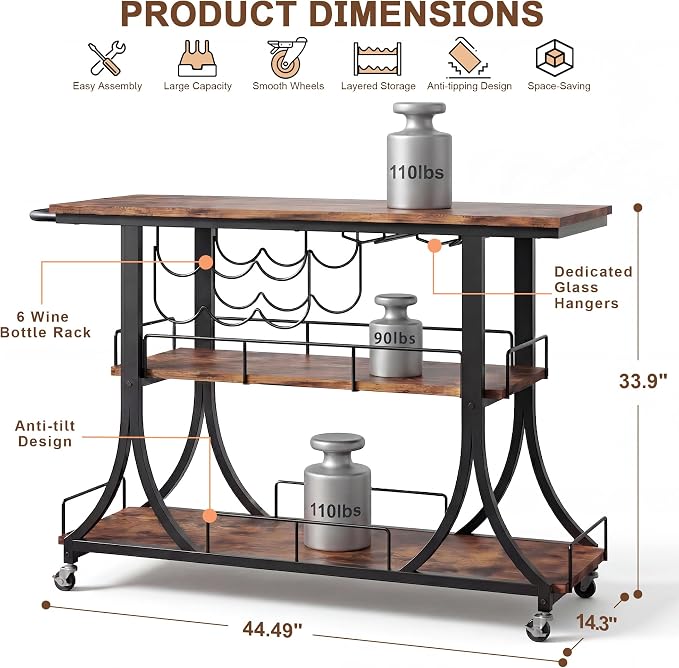 PETKABOO 3-Tier Rustic Wooden Bar Cart with Wheels, Farmhouse Style Solid Wood Rolling Serving Cart with Wine Rack for Home Bar, Heavy Duty Mobile Liquor Trolley for Kitchen Living Room