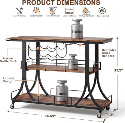 PETKABOO 3-Tier Rustic Wooden Bar Cart with Wheels, Farmhouse Style Solid Wood Rolling Serving Cart with Wine Rack for Home Bar, Heavy Duty Mobile Liquor Trolley for Kitchen Living Room