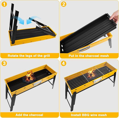 Portable Charcoal Grill, Portable Tabletop BBQ for Outdoor Cooking | Compact Folding Grill for Camping, Hiking, Picnics & Travel | 24”x13”x9” Lightweight Smoky Flavor Grill