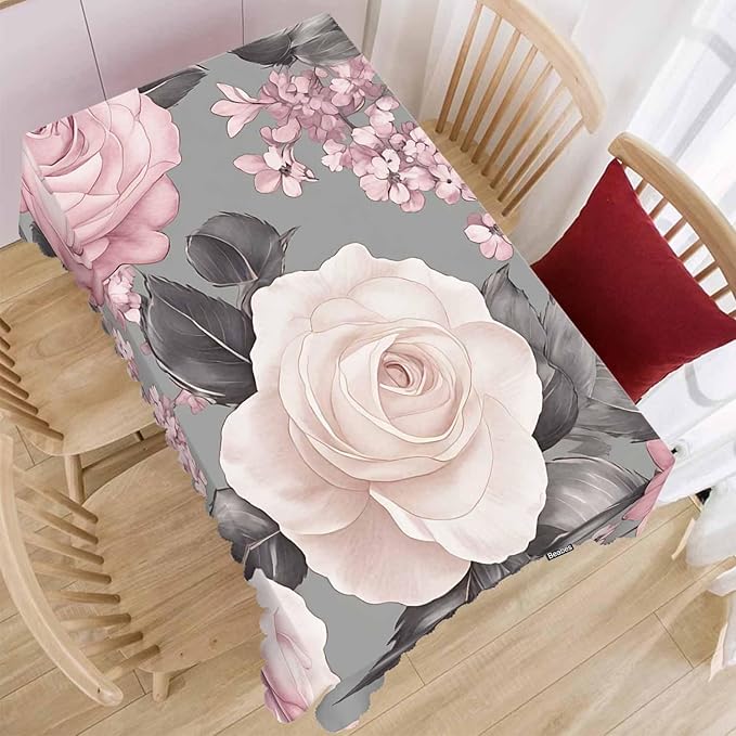 Rose Tablecloth for Rectangle Tables - Gray Pink Roses Cover for Indoor and Outdoor Picnic, Camping, Dinner, Kitchen - 52"X70"