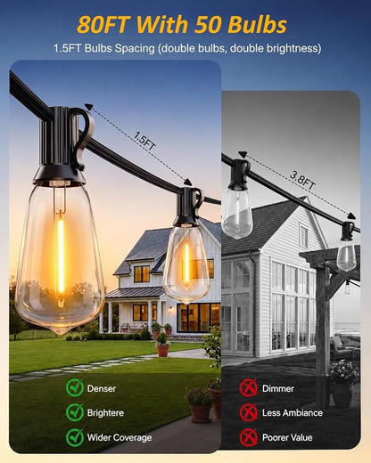Outdoor String Lights 80FT, 50+4 Shatterproof Bulbs ST38, 1.5FT Spacing, IP65 Waterproof | Dimmable with Remote, Heavy-Duty, Include Screw & Zip Ties for Patio Backyard Holiday Outside