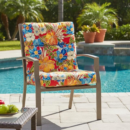 Outdoor Tufted High-Back Chair Cushions, One-Piece Hinged Seat and Back Design, Reversible with 4 Ties, Durable Polyester Fabric, Recycled Fiber Fill - Single, Aloha Red Floral