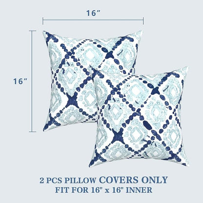 LVTXIII 2 Pack Outdoor Throw Pillow Covers for Patio Furniture, 16x16 Inch Square Pillow Case, Water-Repellent Cushion Covers for Garden, Porch, Sofa, Boho Geometry Blue