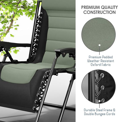 Nestl Padded Oversized Zero Gravity Chair, XL Folding Outdoor Lounge Chair | Adjustable Headrest, Cup Holder & Side Tray, Support 330 LBS, Reclining & Foldable, For Patio & Camping, Black/Sage Green