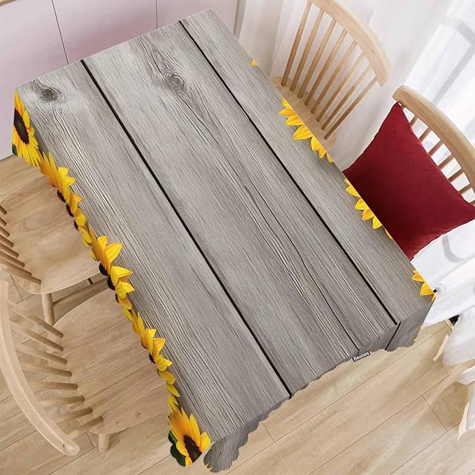 Sunflowers Decorative Tablecloth, Retro Wooden Board Sunflowers Kitchen Table Cover Oblong 52"X70" Tablecloths Dining Table Cloth Buffet Parties Patio and Camping Yellow