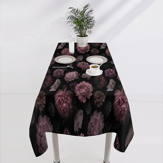 Vintage Florals Tablecloth, Gothic Summer Garden Peonies Flowers Rustic Roses Boho Botanical Plant Water Resistant Wipeable Table Cover for Picnic Party Holiday Kitchen Dinner Table 55"x75"