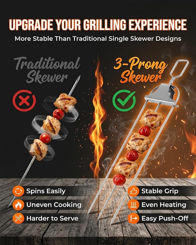 Grill Skewers for Grilling 3 Way Outdoor Metal Chicken BBQ Kabob Meat Stainless Steel 3 Prong Barbeque 2026 New Reusable Three Pronged Push off Slider Bar Triple Pierce Easy to Use Updated