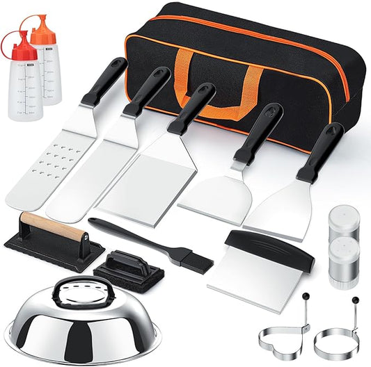 Griddle Accessories Kit, 18PCS Grill Spatula Set for Blackstone and Camp Chef, Flat Top Grill Accessories Set with Enlarged Spatulas, Basting Cover, Scraper for Outdoor BBQ