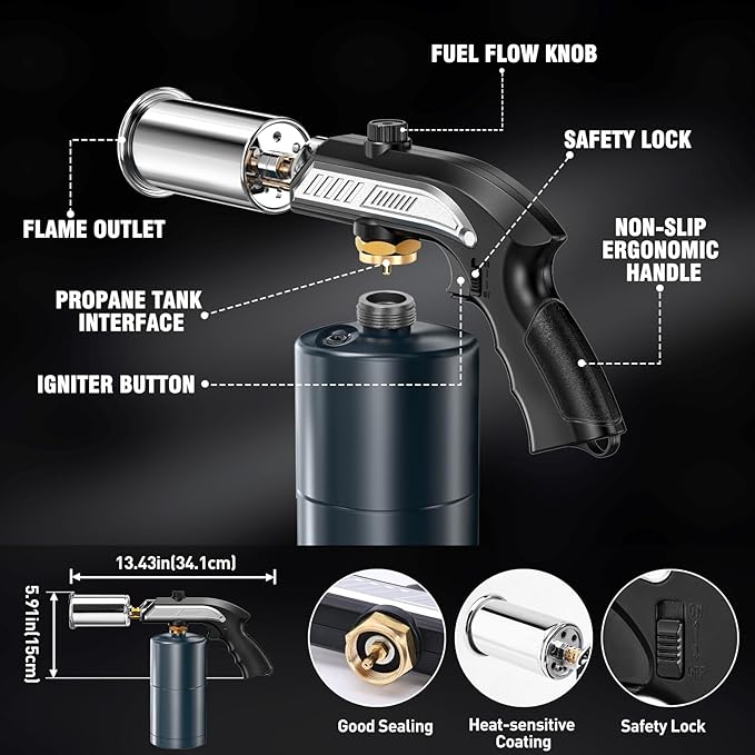 Powerful Grill & Cooking Propane Torch With a Safety Lock, Sous Vide, Welding Torch, Adjustable Wood Torch Burner for Searing Steak, BBQ, Campfire Starter,Black & Silve(Tank Not Included)