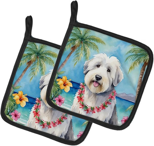 Caroline's Treasures Old English Sheepdog Luau Pair of Pot Holders Kitchen Heat Resistant Pot Holders Sets Oven Hot Pads for Cooking Baking BBQ, 7 1/2 x 7 1/2