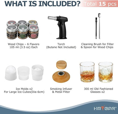 HMYBAR® Whiskey Smoker Kit with Torch, 15-Piece Cocktail Smoker Kit with 6 Wood Chip Flavors, Old Fashioned Drink Smoker Kit, Bourbon Whiskey Gifts for Men, Dad, Husband (No Butane)