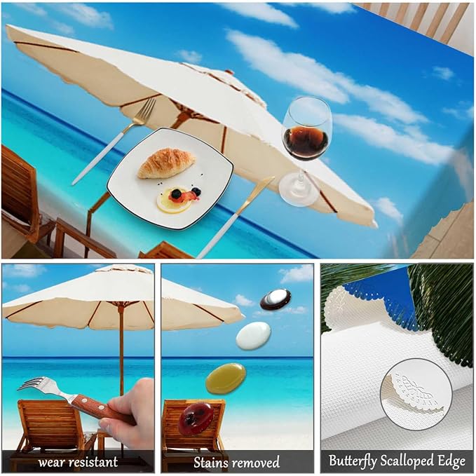 Swono Beach Chairs Rectangle Tablecloth Turquoise Sea Sand Beach Chair Palms Table Cloth Dining Table Cover for Home Kitchen Restaurant Party Buffet Picnic, 52x70 Inch