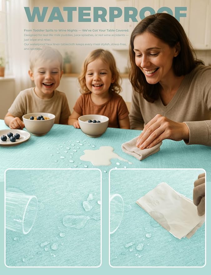 Decorelia Faux Linen Farmhouse Table Cloth 60"x144" for 10 ft Rectangle Table, Aqua Waterproof Outdoor Washable Cloth Tablecloth for Rectangular Dining Room Kitchen Outdoor Party Restaurant Table