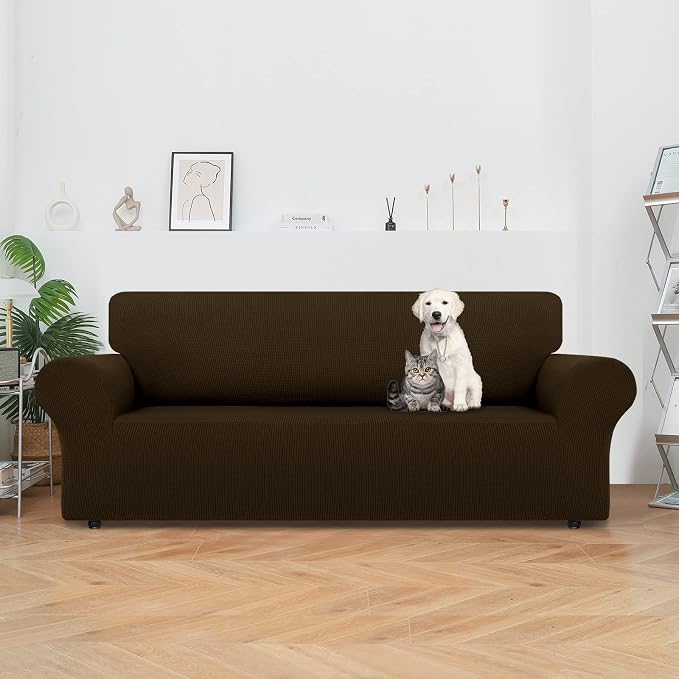 LURKA Stretch Couch Cover for Sofa, 1 Piece 3 Cushion Slipcover, Brown | Soft Stretch Jacquard, Fits 78"-94" Sofas, Elastic Bottom for Secure Fit, Machine Washable, Pet & Kid Friendly