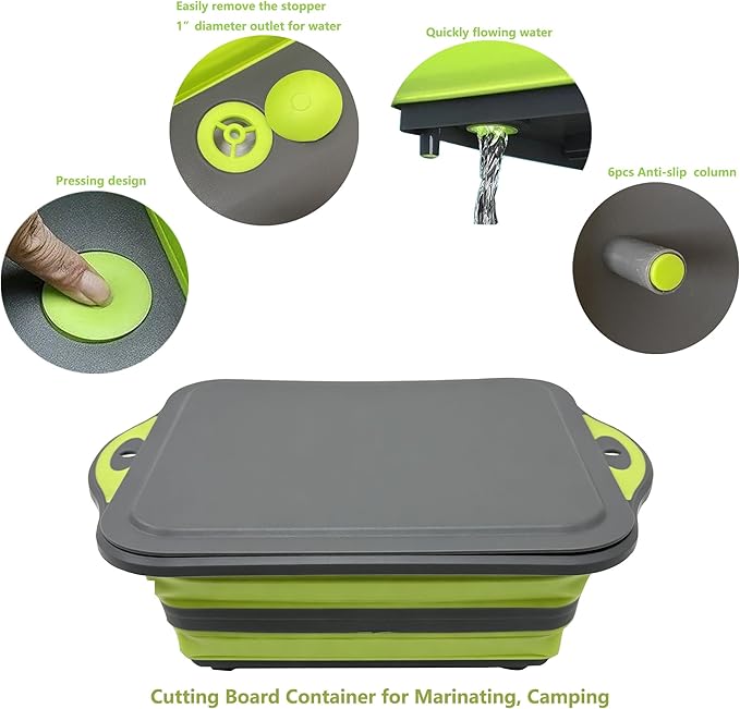 3-in-1 Folding Cutting Boards, Collapsible BBQ Prep Tub with Lid, 9L Container with Strainer, PP+TPR Material Cutting Board, Chopping Board Folds to 1.5Inch Slim for RV, Camping & Small Kitchen