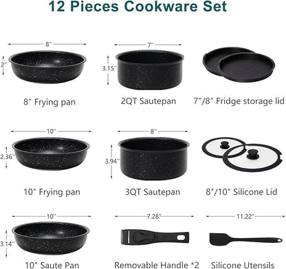 12-Piece Nonstick Cookware Set, Detachable Handle Kitchen Pots and Pans, Induction Compatible, Dishwasher & Oven Safe, Space-Saving, Black