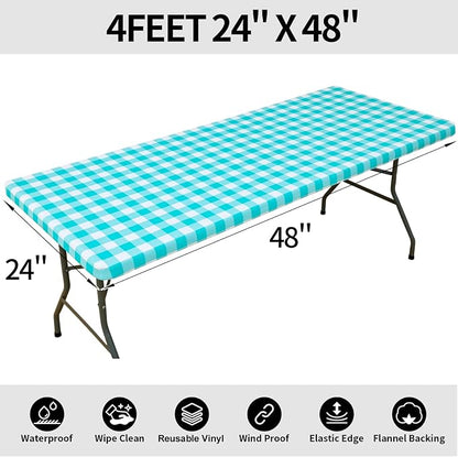 Smiry Rectangle Picnic Table Cloth, Elastic Waterproof Fitted Vinyl Tablecloths, Flannel Backed Buffalo Plaid Table Covers for Dining, Camping, Outdoor (White and Teal, 24" x 48")