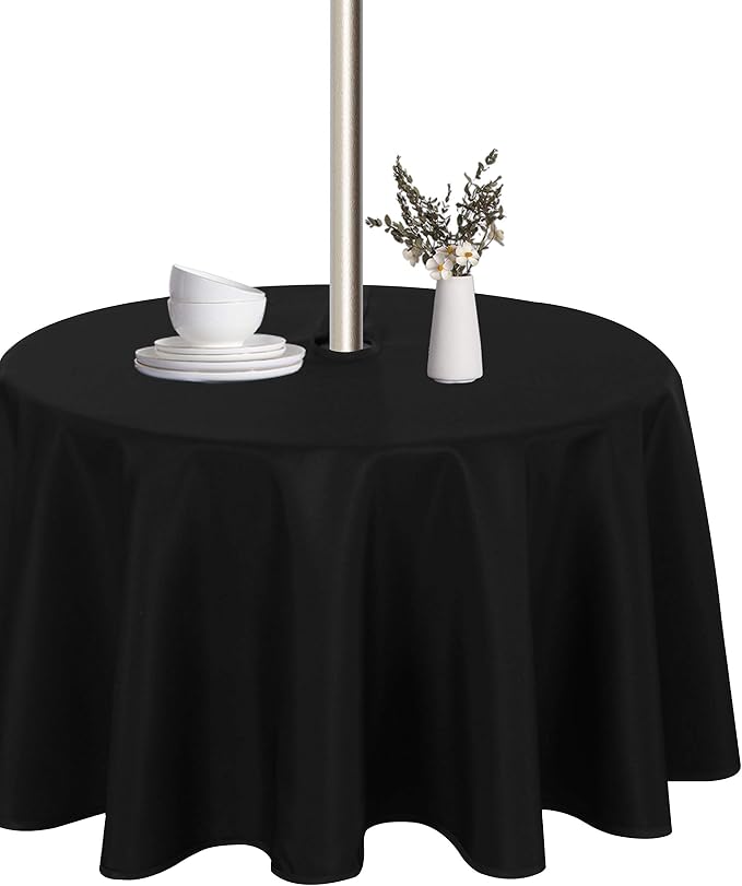 LUSHVIDA Round Outdoor Tablecloth with Umbrella Hole and Zipper, 60 Inch Black, Washable Waterproof Table Cloth Spill Proof Wrinkle Free Table Cover for Patio Spring Summer Picnic BBQS