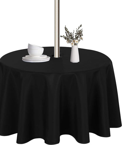 LUSHVIDA Round Outdoor Tablecloth with Umbrella Hole and Zipper, 60 Inch Black, Washable Waterproof Table Cloth Spill Proof Wrinkle Free Table Cover for Patio Spring Summer Picnic BBQS