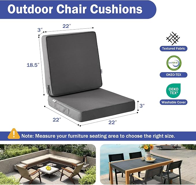 IPYNBAP Outdoor Cushions, Outdoor Chair Cushions 22x22x3 Inch, Cushions for Outdoor Furniture with Removable Cover, Waterproof & Fade Resistant Outdoor Seat Cushions for Patio, Lawn, Dark Grey