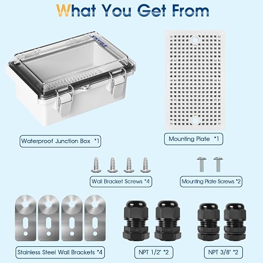 Waterproof Outdoor Project ABS Plastic Junction Box IP67 Weatherproof Dustproof Enclosure with Hinged Cover, Mounting Plate,Wall Brackets for Power Project (Clear,5.9"x3.9"x2.8")