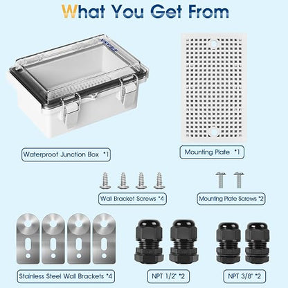 Waterproof Outdoor Project ABS Plastic Junction Box IP67 Weatherproof Dustproof Enclosure with Hinged Cover, Mounting Plate,Wall Brackets for Power Project (Clear,5.9"x3.9"x2.8")