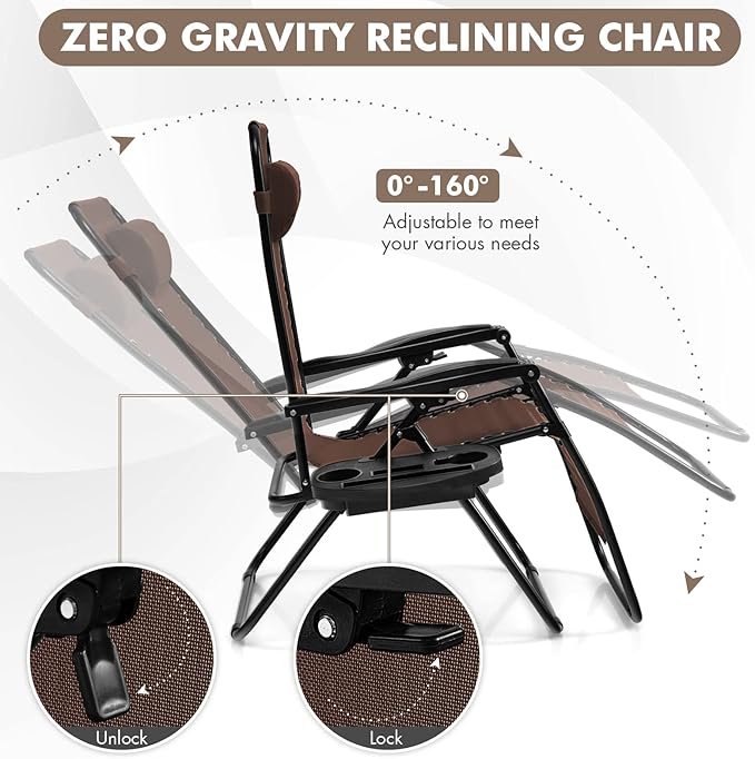 Giantex Zero Gravity Reclining Chair, Outdoor Patio Recliner with Cup Holder & Removable Pillow, Adjustable Backrest, Indoor Lounge Chair for Backyard, Garden, Poolside (Brown)