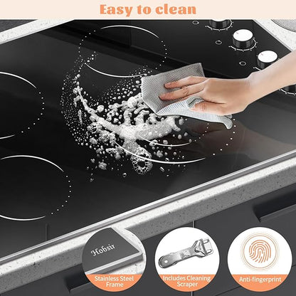 Electric Cooktop 30 Inch Hobsir, 4 Burner Electric Stove Top 6700W, Knob Control Built in Cook top, 30" Electric Stove Top Burner with Glass Protection Metal Frame, Double-ring burner, 220-240v