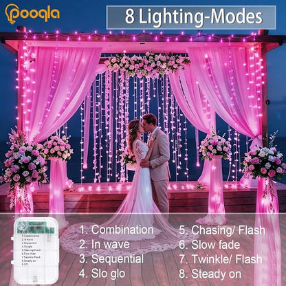 Pooqla 4 Pack String Lights Battery Operated, Total 66.6ft 200 LED Fairy Lights Indoor Outdoor Decorations, 8 Modes Pink Battery Lights for Bedroom Classroom Porch Party Yard Wedding Decor