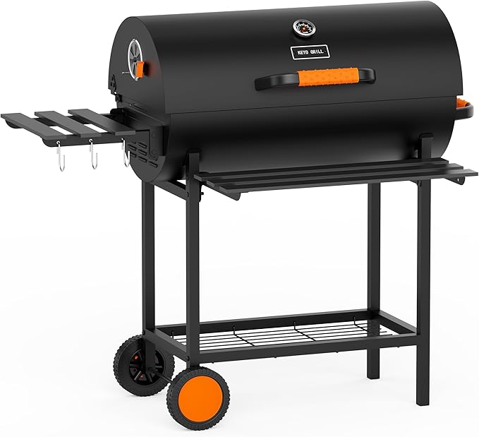 KEYO GRILL 29-Inch Barrel Charcoal Grill, Adjustable Vent Heavy-Duty Outdoor Barbecue Grill with Height Adjustable Charcoal Pan,Warming Rack Outdoor BBQ Grill for Backyard, Patio and Parties, Black
