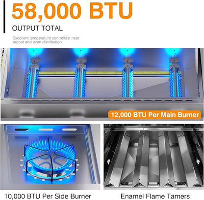 4 Burner Propane BBQ Grill with Side Burner, Stainless Steel Gas Grill with Built-in thermometer, 58,000 BTUs Output for Outdoor Cooking and Patio Backyard Barbecue