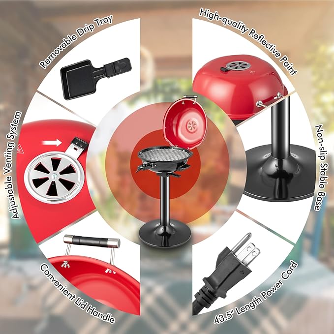 ORALNER Electric BBQ Grill with Stand, Warming Rack & Drip Tray, 15-Serving Electric Griddle Indoor & Outdoor Cooking Grilling Portable Patio Grill, for Balcony, Garden, Apartment, 1600W (Red)