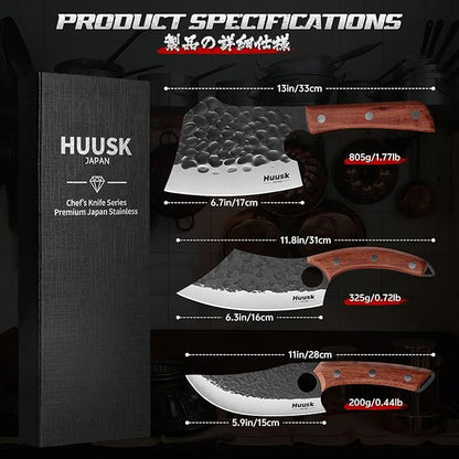 Huusk Butcher Knife Set of 3 - Full Tang Meat Cleaver Knife Set for Meat Processing, Hand Forged Viking Knives Sets with Bone Axe, Heavy-Duty Kitchen Knives Sets for Outdoor BBQ Cooking, Gifts for Men