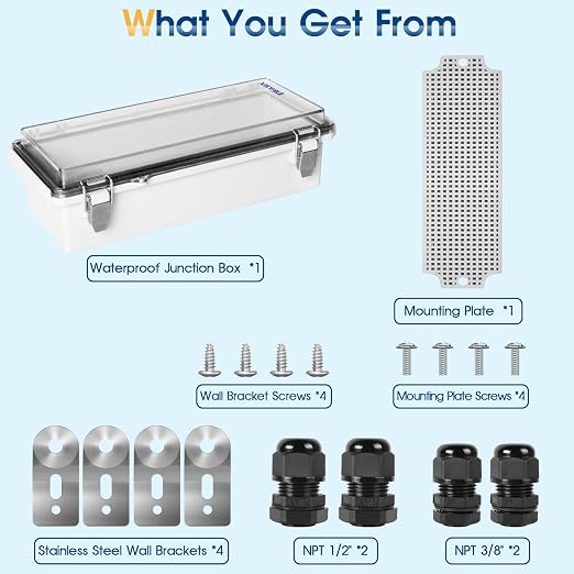 Waterproof Outdoor Project ABS Plastic Junction Box IP67 Weatherproof Dustproof Enclosure with Hinged Cover, Mounting Plate,Wall Brackets for Power Project (Clear,10.2"x4.3"x3.0")