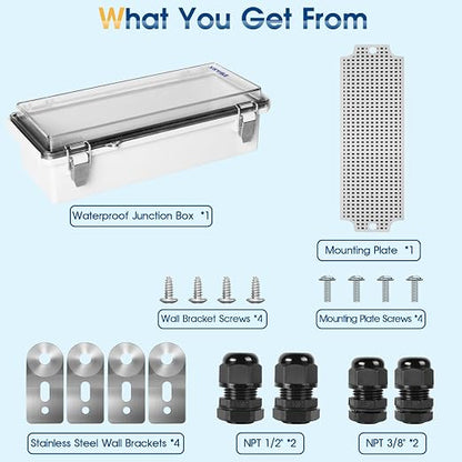 Waterproof Outdoor Project ABS Plastic Junction Box IP67 Weatherproof Dustproof Enclosure with Hinged Cover, Mounting Plate,Wall Brackets for Power Project (Clear,10.2"x4.3"x3.0")