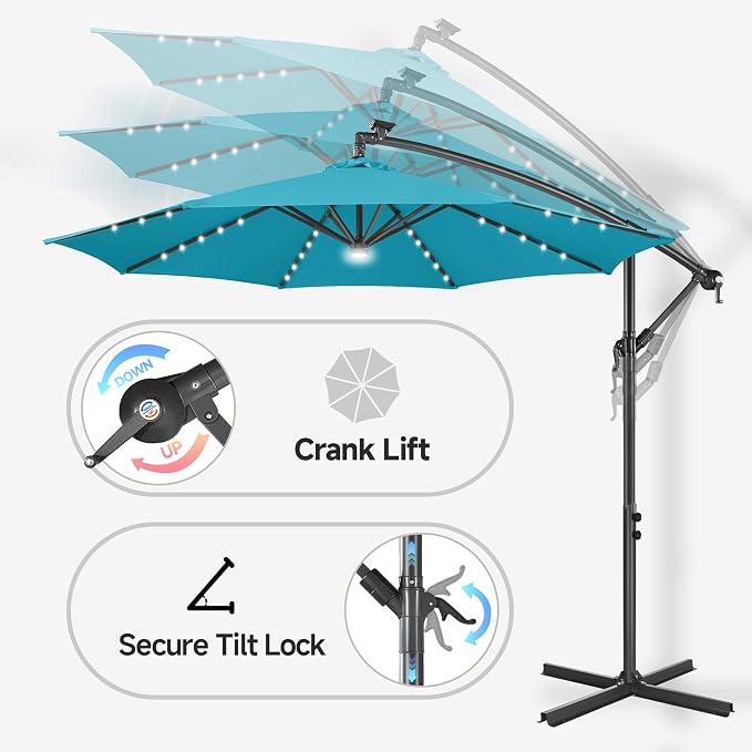 10 ft Solar Patio Umbrella Cantilever with Centre Light, Aqua Blue | 40 LED Lights, UV Protection, Large Offset Patio Umbrella Outdoor for Garden, Deck, Backyard, Pool, Porch, Provides Shade