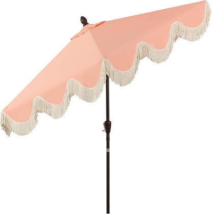 JONATHAN Y UMB1001 Collins 9 ft. Classic Cottage Tassel Market Patio Umbrella with Auto-Tilt, Crank, Wind Vent and UV Protection
