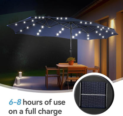 GREEN PARTY 15 ft Large Outdoor Patio Umbrella with Solar Led Lights & Base Included, Double-Sided Rectangular Table Umbrella with Stand, Market Umbrellas for Deck Poolside Garden Backyard, Navy Blue