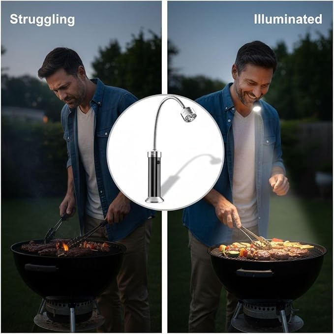 BBQ Grill Light with Attachment Force Base, 9 LED, 360 Degree Flexible Gooseneck, Portable Plastic Case Included, Black, for Grilling, Repairing, Camping, 7.1 x 4.7 x 1.8 in / 18 x 12 x 4.6 cm