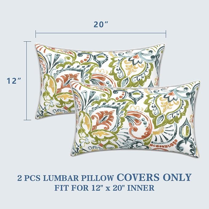 LVTXIII 2 Pack Outdoor Lumbar Pillow Covers 12x20 Inch with Piping, Water-Repellent Back Cushion Covers ONLY for Patio Furniture, Sofa, Garden Bench, Paisley Botanical