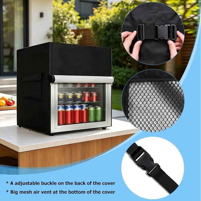 Mini Fridge Cover for Outside Small Beverage Refrigerator,17"Wx17"Dx18.5"H | Heavy Duty 600D,100% Waterproof,Dustproof,For Outdoor 1.3 Cu Ft Mini Wine Beer Drink Fridge,Black