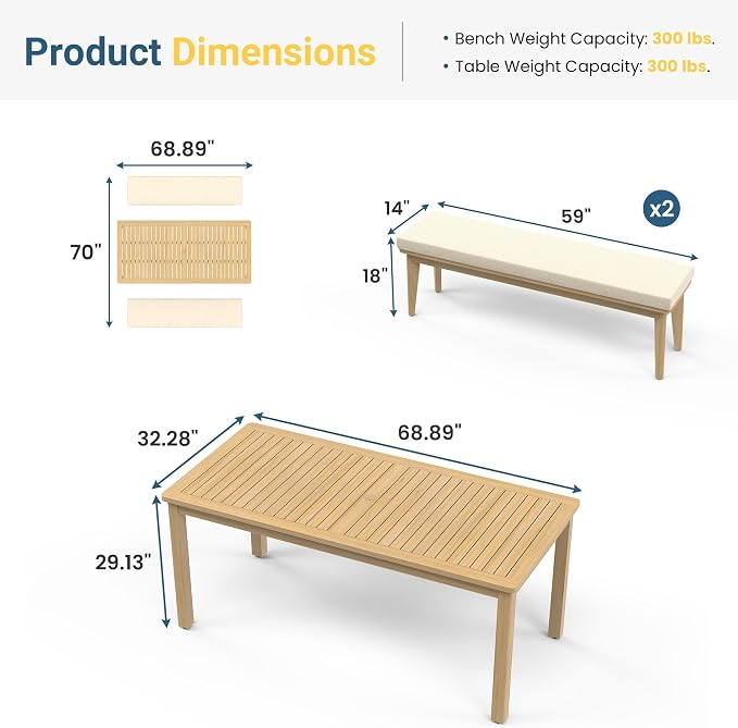 FansaFurn 3-Piece Acacia Patio Table and Chairs Set for All-Weather | Outside Furniture with Table Umbrella Hole and Removable Cushion, Backyard Furniture with Outdoor Bench for Lawn Garden