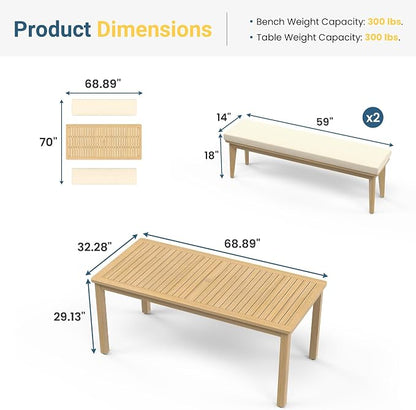 FansaFurn 3-Piece Acacia Patio Table and Chairs Set for All-Weather | Outside Furniture with Table Umbrella Hole and Removable Cushion, Backyard Furniture with Outdoor Bench for Lawn Garden