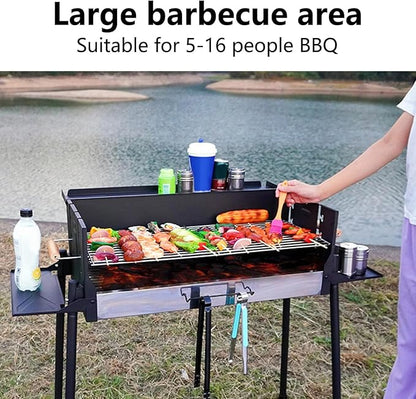 Large Folding Portable Charcoal Grill For 5-16 People, Heavy Duty Outdoor Barbecue Grill With Air Vents, Camping Backyard Picnic Black